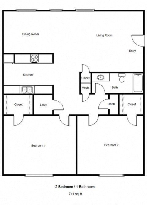 Floor plan for 2 beds, 1 bath, 712 sqft